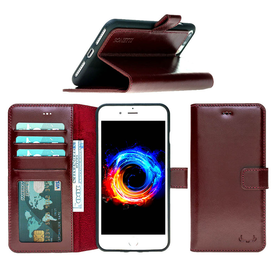 Leather Wallet Case with ID Window for iPhone 7 / 8 - Rustic Burgundy